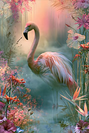 Flamant rose et fleurs tropicales