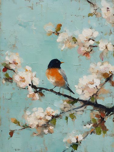 Un oiseau sur une branche de cerisier en fleurs