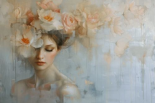 Modern portret met bloemen in pastelkleuren