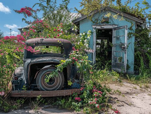 Bygone days in a rusty vintage car