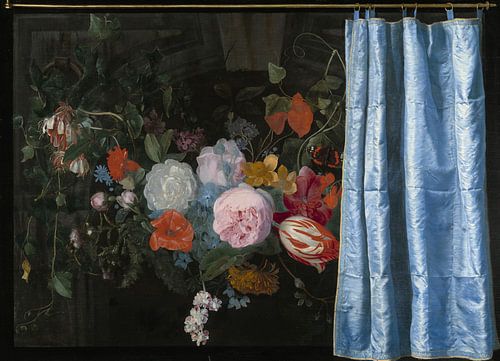 Trompe-l'Oeil Stilleven met een bloemenkrans en een gordijn, Adriaen van der Spelt