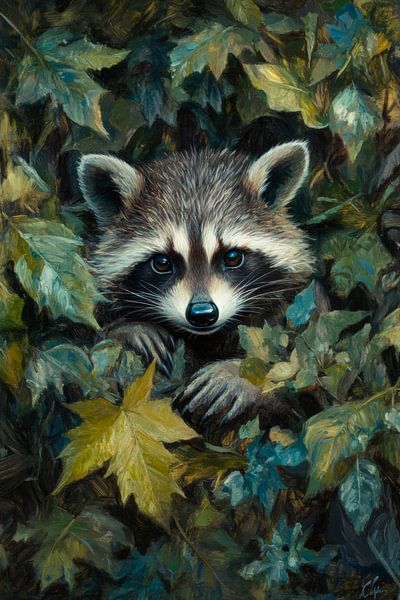 Waschbär im Laub von Poster Art Shop
