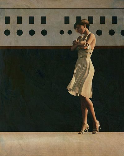 Kunstschilderij van een wachtende vrouw aan de kade