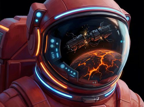 Astronautenhelm met afbeelding van een exploderend ruimteschip en een vulkanische planeet