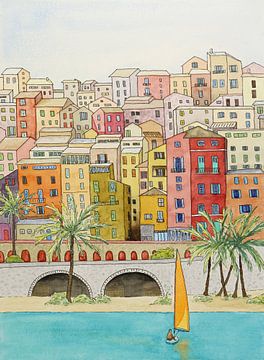 Zeilen voor de kust van een grote stad (aquarel schilderij zeilboot zee strand zomer reizen Italië)