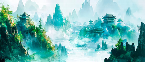 Mystische Berglandschaft mit Tempel