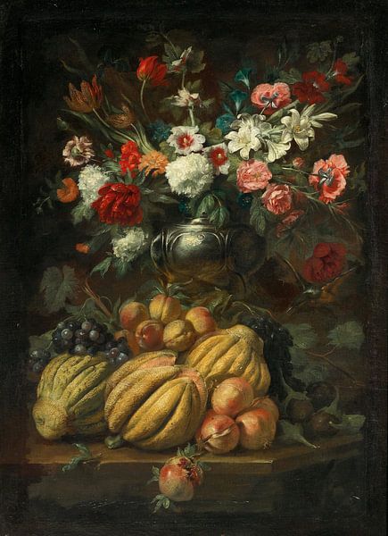 Flowers in a vase and fruit on a table, Abraham Brueghel by Masterful Masters