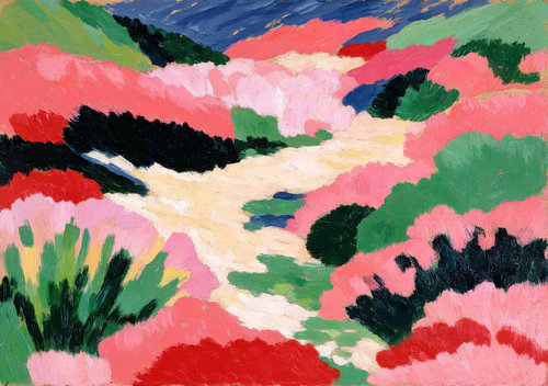 Abstract hilly landscape in pink and green, in the Expressionist style