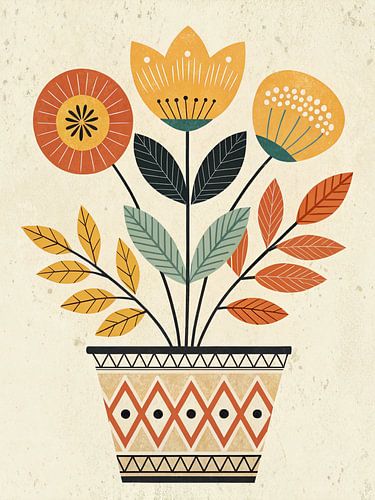 Folk Art bloemen in een terracotta pot met Scandinavisch geïnspireerde patronen - Grillige botanische muurdecoratie voor thuis en kantoor