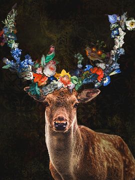 Hert met gewei van bloemen voor een industriële achtergrond van Dutch Art Works