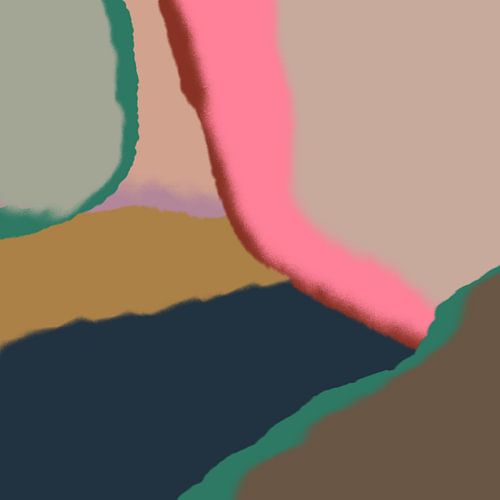 Retro 70s pastel abstracte kunst in neongroen, roze, geel, blauw, bruin.