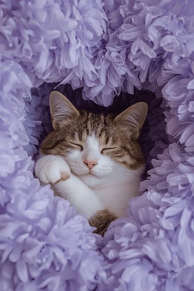 Chat dormant dans des fleurs en papier de soie violet par Dante S