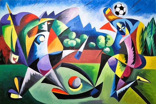 Abstracte kleurrijke voetbalactie schilderij