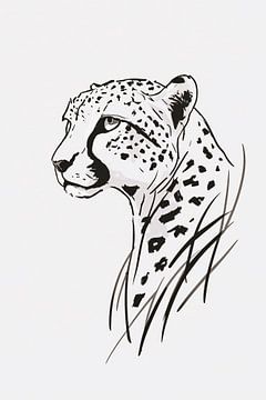 Zwart-witte minimalistiche cheeta lijntekening van De Muurdecoratie