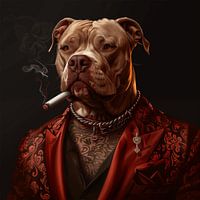 Mafia pit bull in red suit and cigarette