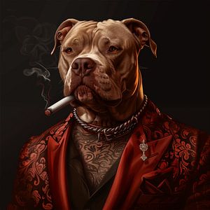 Mafia-Pitbull im roten Anzug und Zigarette