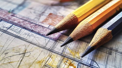 Drie potloden over bouwplan