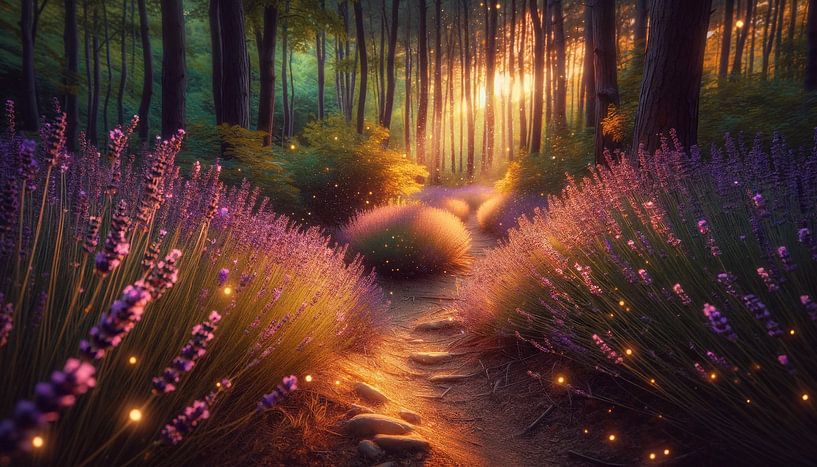 Magical rays of light in the lavender forest path by artefacti