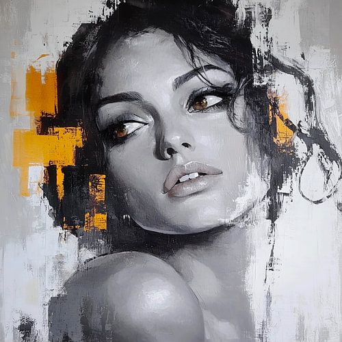 Portrait de femme expressif avec des accents abstraits orange