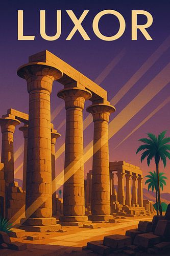 Luxor Art Deco Poster - Tempelzuilen in Woestijnzonsondergang