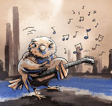 Nice country style cartoon with a guitar playing bird by Emiel de Lange