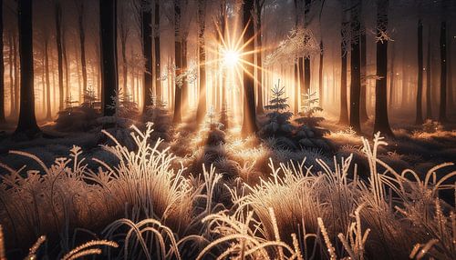 Rays of sunshine in the frosty winter forest