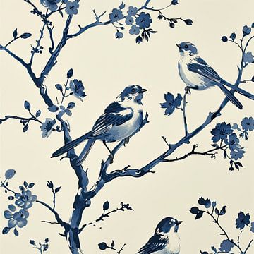 Delfts Blauwe Muurkunst met Vogels en Bloesems van Vlindertuin-Art