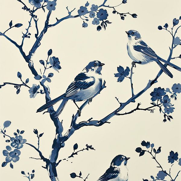 Delft Blue Wall Art with Birds and Blossoms by Vlindertuin-Art
