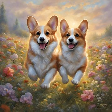 Pembroke Welsh Corgi spelend in een bloemenveld van Johanna's Art