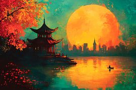 Moonrise over cityscape by Poster Art Shop