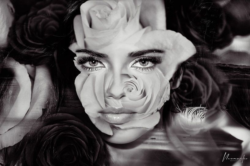 Adriana Lima: Double Exposure Roses (Black &amp; White) by Nevanilio Sancho