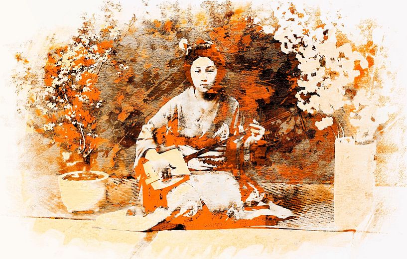 Geisha Spirit in warm colours Retro Japandi style by Mad Dog Art