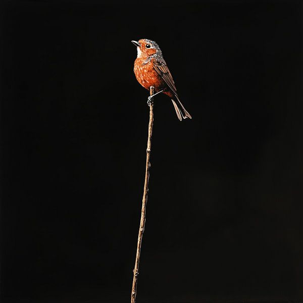 Roodborst vogel op een tak portret zwart van TheXclusive Art
