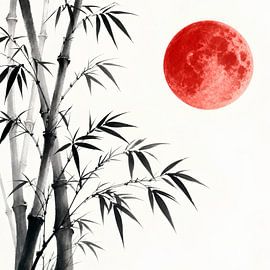 Ruhiger Zen-Bambuswald mit strahlendem purpurrotem Vollmond – Tuschemalerei von febri anto