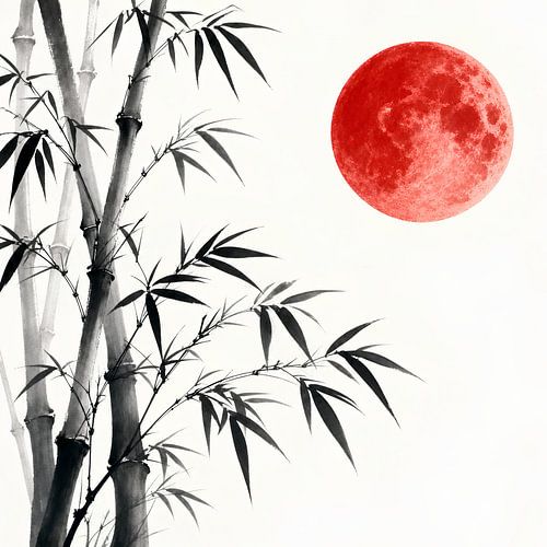 Tranquil Zen Bamboo Forest with Radiant Crimson Full Moon Ink Painting