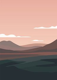 Affiches minimalistes au format paysage, représentant des montagnes en superposition, une rivière sinueuse et un ciel crépusculaire aux teintes rose pâle.