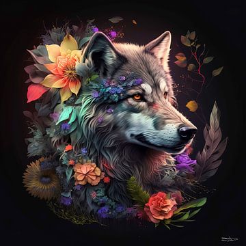 Wolf mit Blumen von Gelissen Artworks