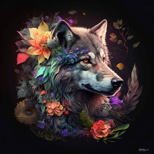 wolf met bloemen