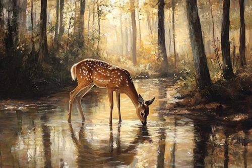 Hert bij bosvijver in ochtendlicht