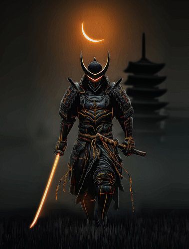 Cyberpunk Samurai Muur Art - Futuristische krijger met neon katana en halve maan