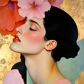 Tijdloze schoonheid - portretschilderij met bloemen van Mad Dog Art