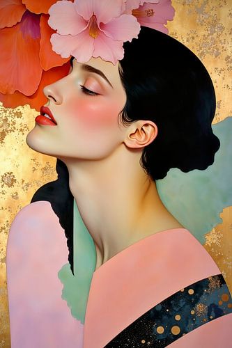 Beauté intemporelle - Portrait peinture avec des fleurs sur Mad Dog Art