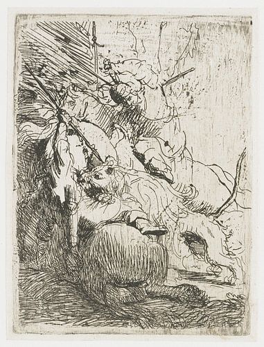 La petite chasse au lion : avec un lion, Rembrandt van Rijn