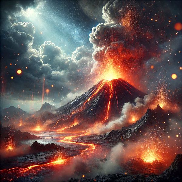 Feuerspeiender Vulkan unter dramatischem Himmel von Eric Nagel