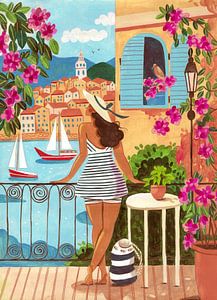 Femme sur un balcon avec vue sur la mer et un village côtier coloré