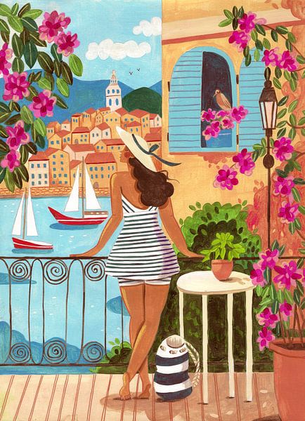 Reiseplakat Frau in Saint-Tropez, Frankreich von Caroline Bonne Müller