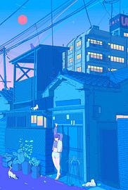 Een rustige Japanse wijk tijdens het blauwe uur van Exhozt