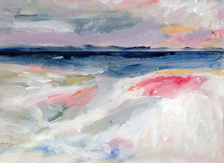 Mer ou océan abstrait en rose pastel, jaune, gris, lilas, bleu et blanc. sur Dina Dankers