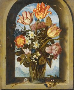Een stilleven van tulpen, mosrozen, lelietjes van het dal en andere bloemen, Ambrosius Bosschaert.