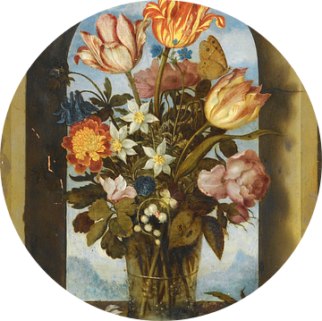 Een stilleven van tulpen, mosrozen, lelietjes van het dal en andere bloemen, Ambrosius Bosschaert.